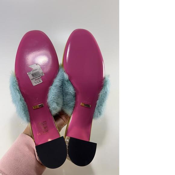 Gucci 41 Gold Metallic Aqua Mink Fur Crystal Heel Mules Slides D888 - Picture 8 of 12